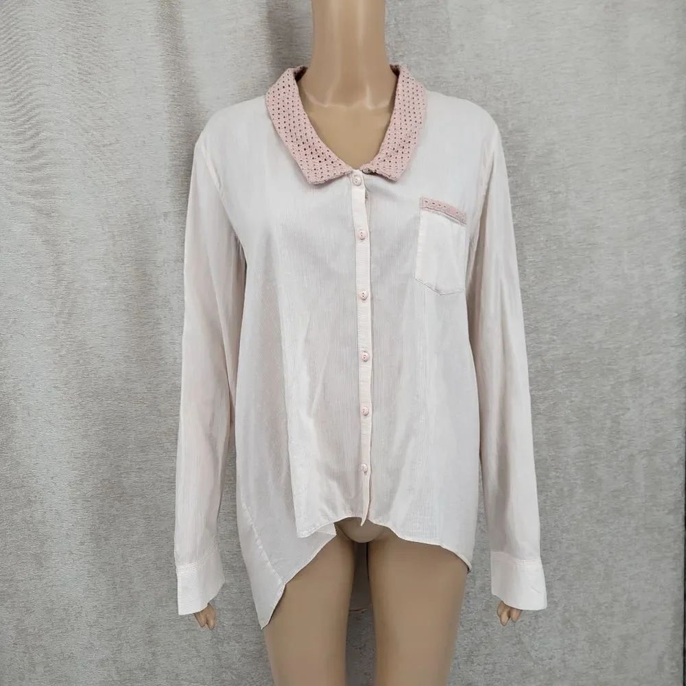 The Addison Story Blush Pink Stripe Silk Cotton Hi-lo Blouse Open Back Crochet